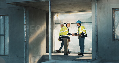 Buy stock photo Shaking hands, team and construction workers at worksite for partnership, collaboration and agreement. Building development, civil engineering and handshake of happy men for home renovation project