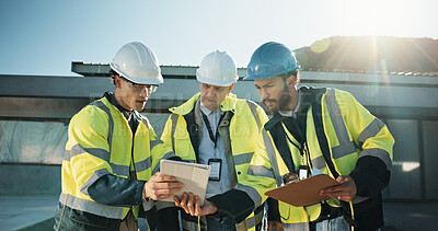 Buy stock photo Team, engineer and tablet for construction planning, inspection schedule or clipboard at site. Men, tech and conversation for civil engineering, outdoor development or building safety evaluation
