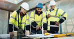 Construction, review or people with blueprint, site briefing or technical feedback on building plan. Men, supervisor or electrician with teamwork, layout inspection or operation report on development