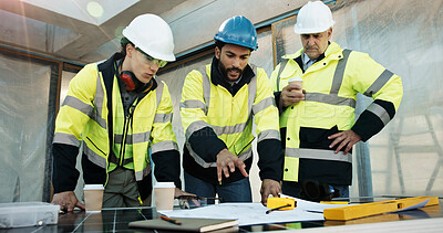 Buy stock photo Construction, review or people with blueprint, site briefing or technical feedback on building plan. Men, supervisor or electrician with teamwork, layout inspection or operation report on development