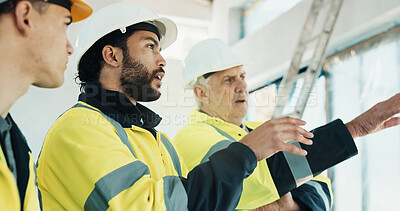 Buy stock photo Team, inspection and men with supervisor in building, talking and planning for property development. Civil engineering, people and collaboration for quality assurance, point and renovation project