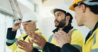 Buy stock photo Building, inspection and men with supervisor, talk and planning for renovation on construction site. Civil engineer, people and collaboration for quality assurance, discussion or property development