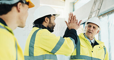 Buy stock photo High five, teamwork and construction site with people for success, collaboration and goals. Building development, civil engineer or men celebrate project management, home renovation or mature manager
