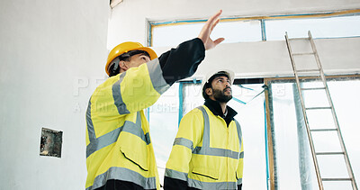 Buy stock photo Engineer, teamwork and men on construction site, inspection and discussion for property development. Civil engineering, people and quality assurance for renovation project, talking and collaboration