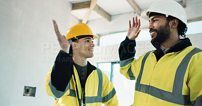 Buy stock photo High five, team and construction site with people for success, collaboration and smile. Building development, civil engineer or happy men celebrate project management, home renovation or productivity