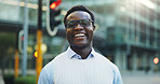 Happy, business and black man in city with portrait, career pride and about us for real estate. Smile, person and realtor in town with ambition, positive attitude and consultant for property auction