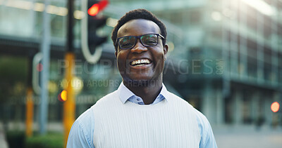 Buy stock photo Happy, business and black man in city with portrait, career pride and about us for real estate. Smile, person and realtor in town with ambition, positive attitude and consultant for property auction