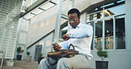 Phone, businessman and check watch for delay, transportation wait or time management in city. Black person, mobile and impatient with wristwatch for late travel service, hailing app or trip stress