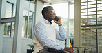 Phone call, bus stop and laugh with black man in city for travel schedule, communication and chat. Location update, appointment and connection with business person and tech outdoor for contact