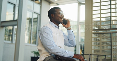 Buy stock photo Phone call, bus stop and laugh with black man in city for travel schedule, communication and chat. Location update, appointment and connection with business person and tech outdoor for contact