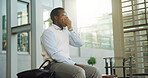 Tired, yawn and business man in city at bus stop, wait and morning commute with low energy. Black person, bored or worker with fatigue in town outdoor, travel stress or long work shift with burnout
