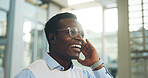 Smile, black man and earphones with morning in city for streaming, realtor and travel to work. Real estate agent, African person and listening to music with radio, urban commute and playlist for trip