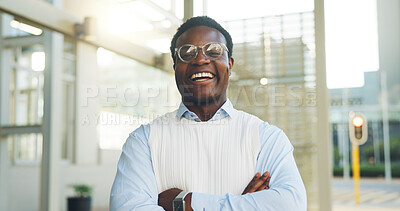 Buy stock photo Portrait, business and black man in city with smile, career pride and about us for real estate. Happy, female person or realtor in town with ambition, arms crossed and consultant for property auction