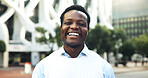 Portrait, corporate and black man in city with smile, career pride and about us for real estate. Happy, person and realtor in town with ambition, positive attitude and consultant for property auction