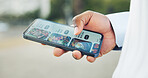 Hand, phone screen and food app in city for delivery order, lunch choice and ecommerce search. Mobile, person and check takeaway menu for fastfood shopping, decision and online browsing outdoor