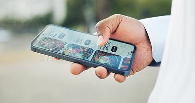 Buy stock photo Hand, phone screen and food app in city for delivery order, lunch choice and ecommerce search. Mobile, person and check takeaway menu for fastfood shopping, decision and online browsing outdoor