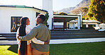 Back, couple and hug in backyard with new home, bonding together and smile for property investment. Happy, black people and dating outdoor by dream house with embrace, relocation or real estate goals