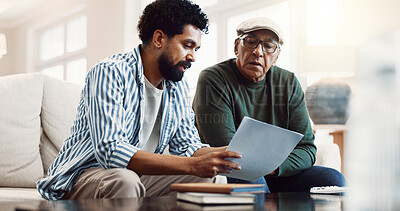 Buy stock photo Old man, family and document in home for finance, review budget and report for household bills. Senior father, adult son or reading at house with letter, utility expenses and bank statement for audit