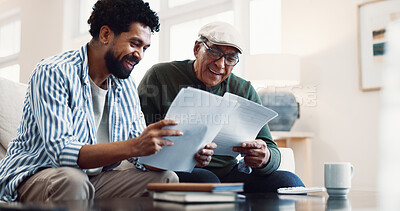 Buy stock photo Smile, old man and family at house with document, review budget and finance report for retirement. Senior dad, adult son and reading in home with letter, utility bills and financial invoice for audit