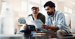 Old man, family and document at house for finance, review budget and report for household bills. Senior father, adult son or reading in home with letter, utility expenses and bank statement for audit