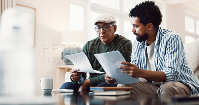 Buy stock photo Old man, family and reading document at house, review budget and finance report for retirement. Senior father, adult son and letter in home for mortgage, utility bills and financial invoice for audit