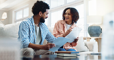 Buy stock photo Smile, couple and reading at house with document, finance report and budget for household bills. Happy, people or review in home with paperwork, financial invoice and bank statement for rebate payout
