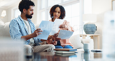 Buy stock photo Couple, relax and reading at house with document, finance report and budget for household bills. People, review or audit in home with paperwork, financial invoice and bank statement for rebate payout