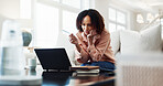 Reading, laptop and woman on sofa for remote work, copywriting idea and planning for article. Wfh, proofreading and person with computer for research, website blog and story for publication in home