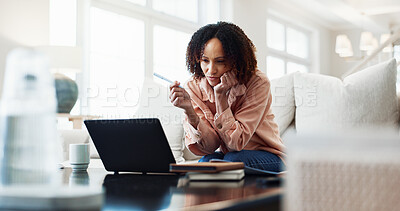 Buy stock photo Reading, laptop and woman on sofa for remote work, copywriting idea and planning for article. Wfh, proofreading and person with computer for research, website blog and story for publication in home
