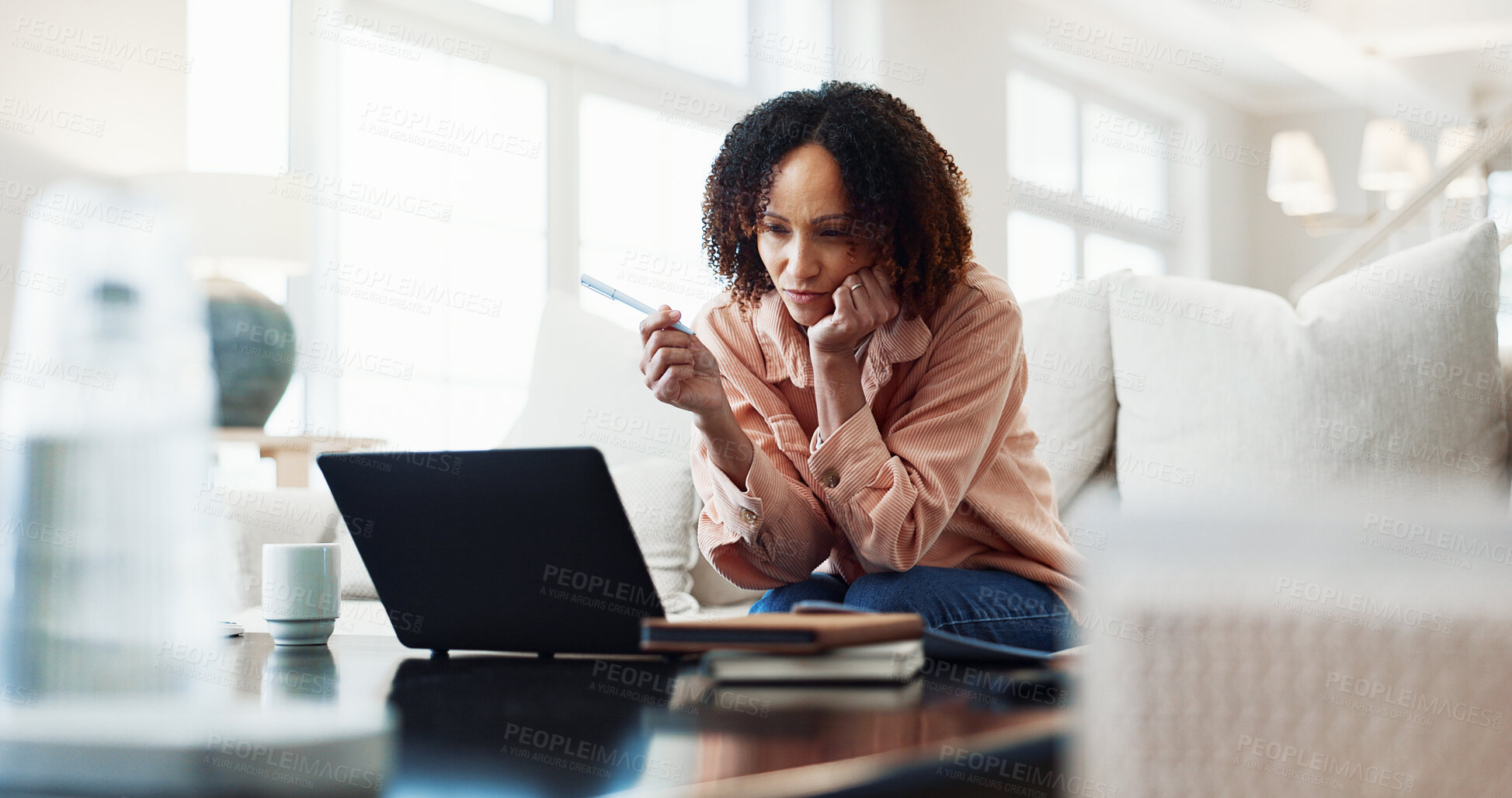 Buy stock photo Reading, laptop and woman on sofa for remote work, copywriting idea and planning for article. Wfh, proofreading and person with computer for research, website blog and story for publication in home