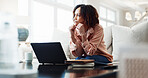 Thinking, laptop and woman on sofa for remote work, copywriting idea and planning for article. Wfh, thoughtful and person with computer for research, online review and inspiration for website in home