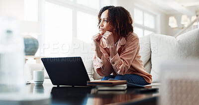 Buy stock photo Thinking, laptop and woman on sofa for remote work, copywriting idea and planning for article. Wfh, thoughtful and person with computer for research, online review and inspiration for website in home