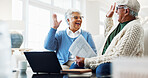 High five, laptop and senior couple on home sofa with document for pension, online or retirement. Happy man, woman or success in house with web app, policy and fund benefit or old age grant on tech