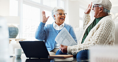 Buy stock photo High five, laptop and senior couple on home sofa with document for pension, online or retirement. Happy man, woman or success in house with web app, policy and fund benefit or old age grant on tech