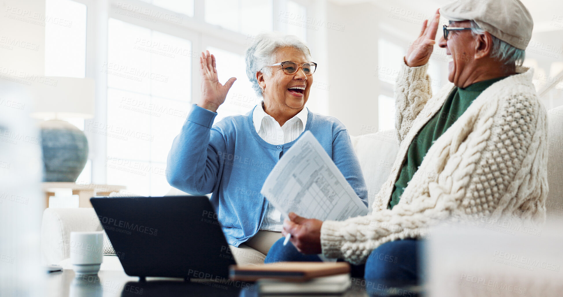 Buy stock photo High five, laptop and senior couple on home sofa with document for pension, online or retirement. Happy man, woman or success in house with web app, policy and fund benefit or old age grant on tech