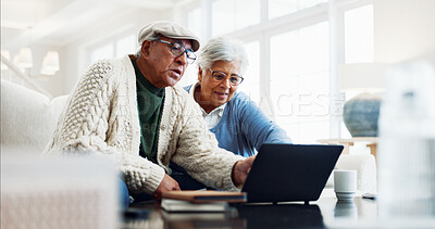 Buy stock photo Talking, laptop and senior couple on home sofa with app for pension payout, online or retirement. Man, woman or point in house with self service, policy and fund benefit or old age grant on tech