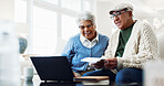Laugh, laptop and senior couple on home sofa with paperwork for pension payout, online or retirement. Man, woman and happy in house with self service, policy and fund benefit or old age grant on tech