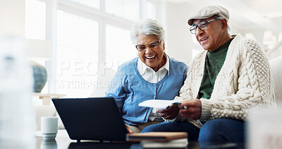 Buy stock photo Laugh, laptop and senior couple on home sofa with paperwork for pension payout, online or retirement. Man, woman and happy in house with self service, policy and fund benefit or old age grant on tech