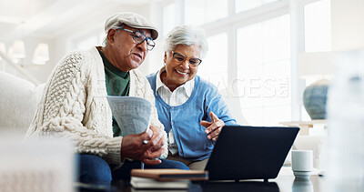 Buy stock photo Happy, laptop and senior couple on home sofa with paperwork for pension payout, online or retirement. Man, woman and point in house with self service, policy and fund benefit or old age grant on tech