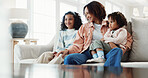 Happy, mom and kids relax in home with love, family bonding together and care for child development. Single parent, woman and rest in living room with girls, nurture and support daughter for growth.