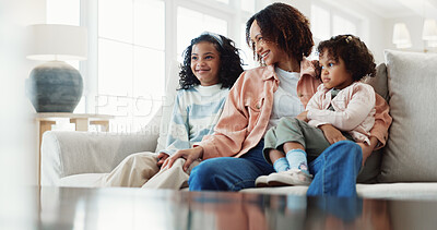 Buy stock photo Happy, mom and kids relax in home with love, family bonding together and care for child development. Single parent, woman and rest in living room with girls, nurture and support daughter for growth.