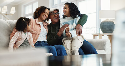 Buy stock photo Grandfather, mother and children laugh in home with hug, humor or bonding together for weekend visit. Happy people, senior man and parent in lounge with girl kids, joke or family generations embrace.