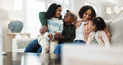 Buy stock photo Happy, grandfather and mother in home with children, embrace and bonding together for weekend visit. People smile, senior man and parent in lounge with girl kids, family generations and hug for love.
