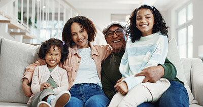 Buy stock photo Portrait, grandfather and mother in house with children, smile or bonding together for weekend visit. Happy people, senior man and parent in living room with girl kids, family generations and love.