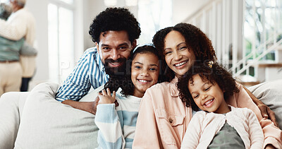 Buy stock photo Portrait, parents and children in living room with smile, family and bonding together for wellness. Happy people, mother and father relax in home with girl kids, love and connection for good mood.