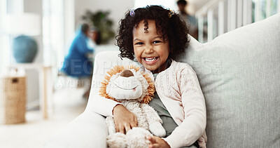 Buy stock photo Portrait, girl and child with teddy bear in home for holiday, fun childhood or development on sofa. Person, kid or toddler with smile, stuffed animal or lion on couch for weekend or break in house