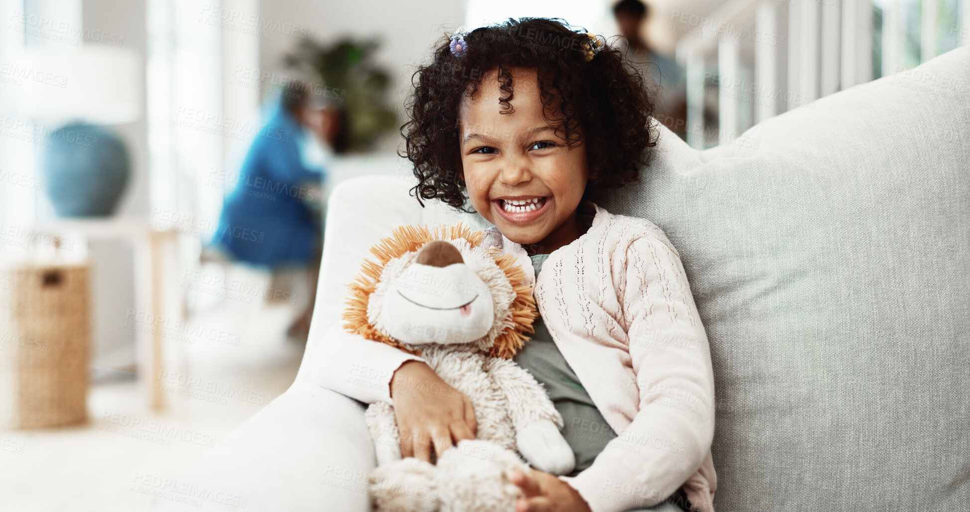 Buy stock photo Portrait, girl and child with teddy bear in home for holiday, fun childhood or development on sofa. Person, kid or toddler with smile, stuffed animal or lion on couch for weekend or break in house
