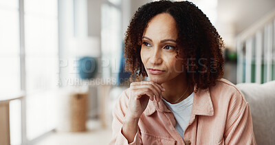 Buy stock photo Thinking, woman and relax at house with vision, peace and daydreaming on sofa for stress relief. Serious, African person and rest in lounge with thoughts, reflection and perspective for weekend break