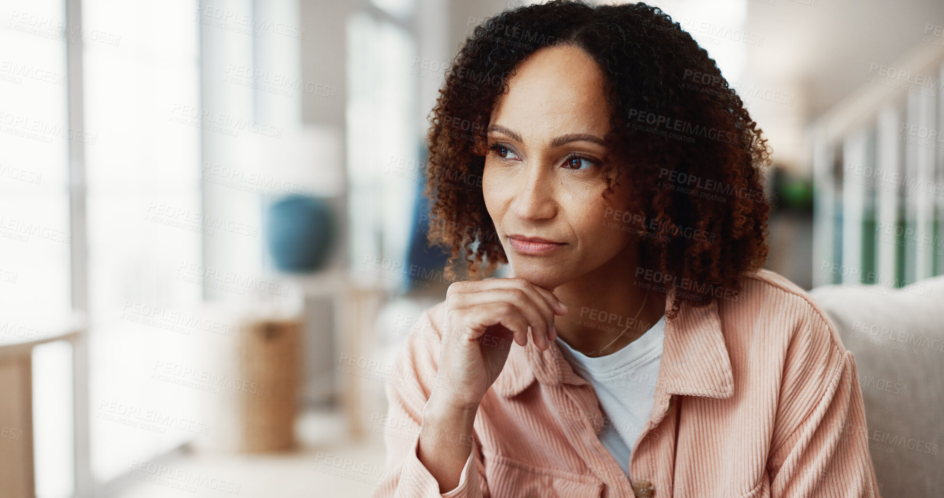 Buy stock photo Thinking, woman and relax at house with vision, peace and daydreaming on sofa for stress relief. Serious, African person and rest in lounge with thoughts, reflection and perspective for weekend break