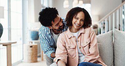 Buy stock photo Happy, couple and relax in living room with love, romantic connection and care for bonding together. Portrait, people and smile in house with relationship commitment, loyalty or support for companion